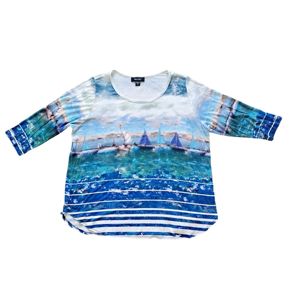 SOLD Karen Kane abstract art to wear boats on ocean stretchy blouse top size 1X - Picture 11 of 15